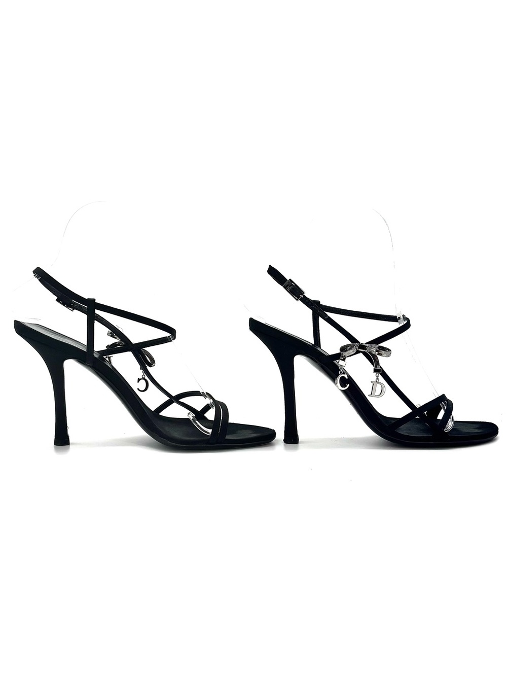 Dior John Galliano Vintage CD Bow Charm Black Satin Ankle Strap Sandals 36.5 - Picture 6 of 11